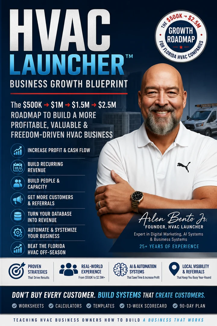 HVAC Launcher Business Growth Blueprint cover featuring founder Arlen Bento Jr.