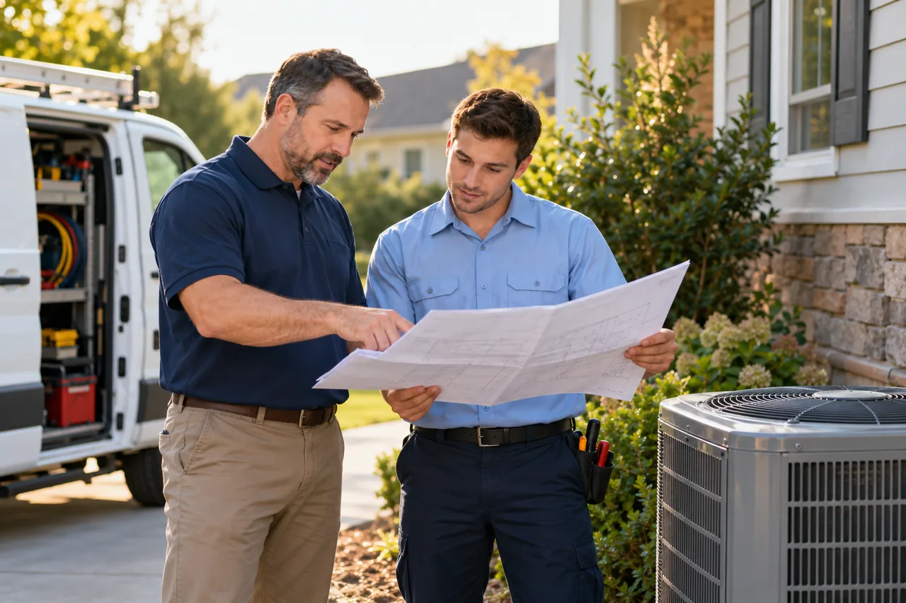 Illustration of an HVAC business owner and technician reviewing plans beside a service van