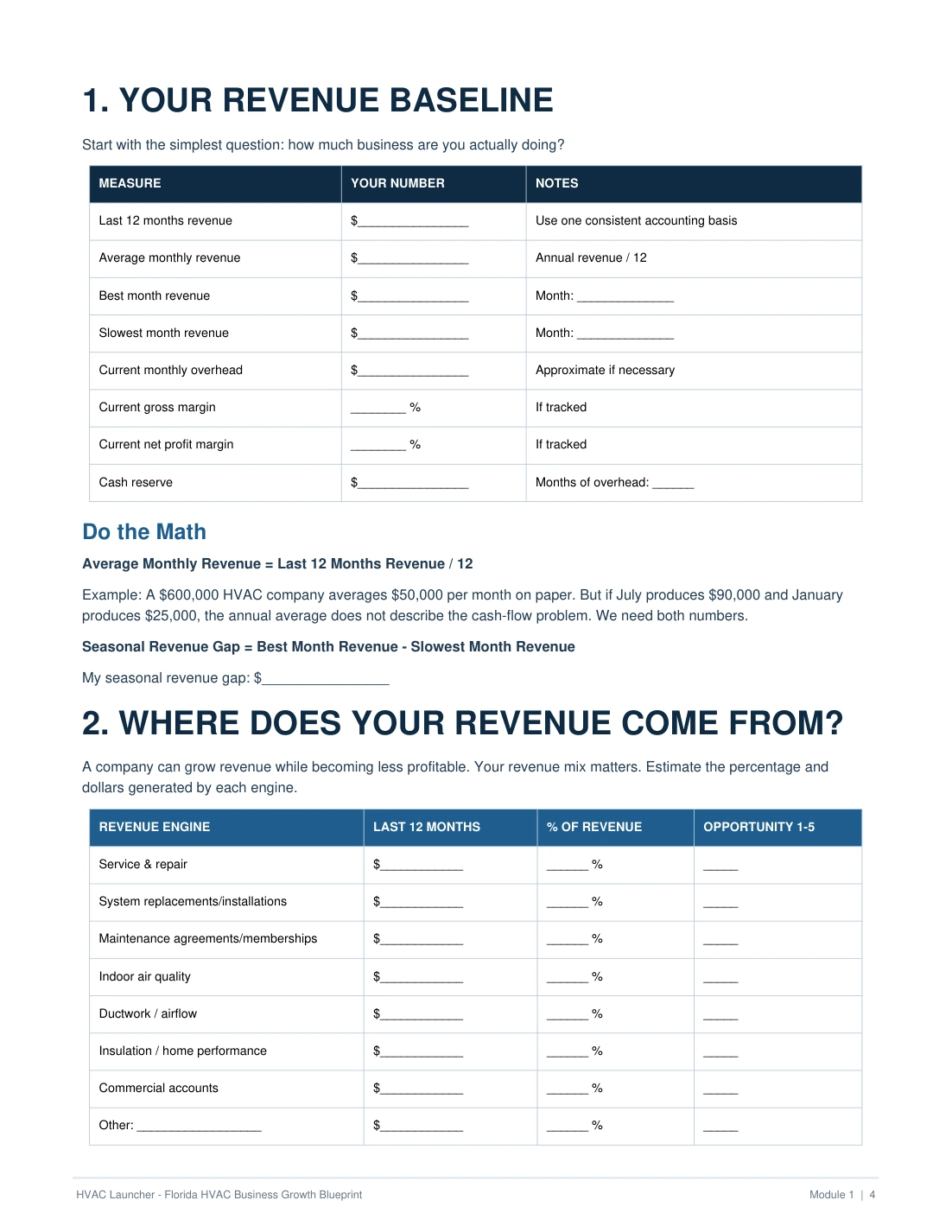 Your business snapshot worksheet from the HVAC Business Growth Blueprint